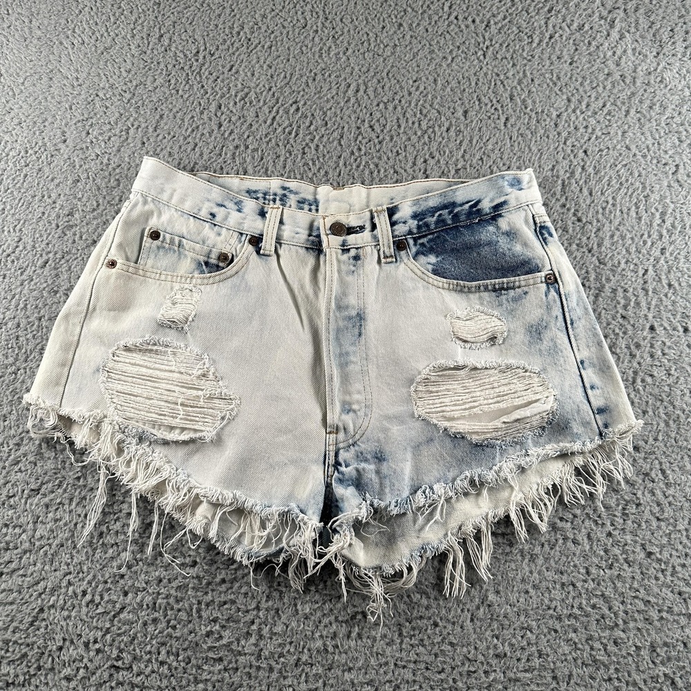Levis 501 Cutoff‎ Shorts Womens 32 Blue Distressed High Rise Frayed Hem 80's USA